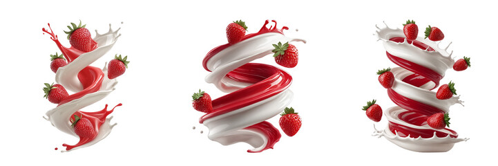 Strawberry juice mixed with white milk in spiral form and whole strawberries in the air on a transparent background