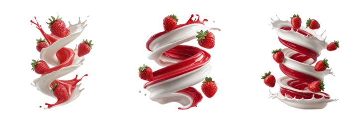 Strawberry juice mixed with white milk in spiral form and whole strawberries in the air on a transparent background