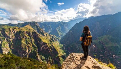 Hiker at Overlook Above Green Valley with Distant Mountains under Cloudy Sky