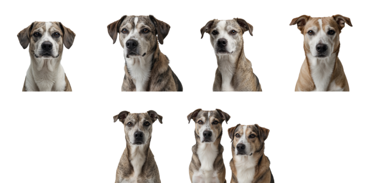 A collection of dog portraits featuring multiple breeds with varying fur patterns and expressions, isolated on a transparent background, showcasing their unique features and characteristics.
