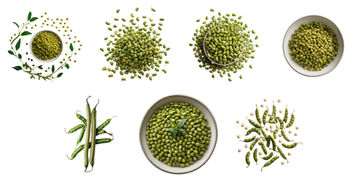 Assorted green mung beans and moong dal in various forms including whole beans, pods, and seeds arranged on a dark background with isolated elements