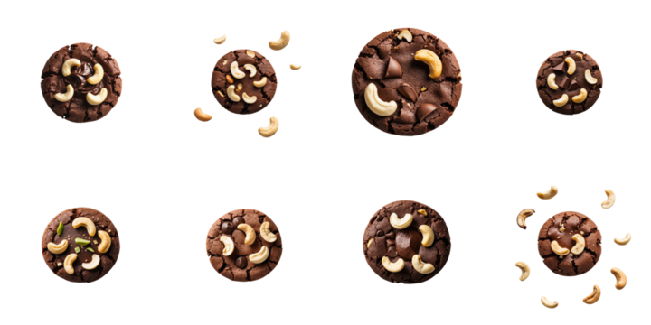 Assorted chocolate cookies with cashew nuts displayed on a dark background featuring multiple angles and close-ups emphasizing their texture and ingredients.
