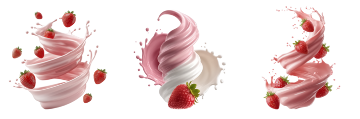 A dynamic swirl of strawberry milk with whole strawberries in the air on a transparent background