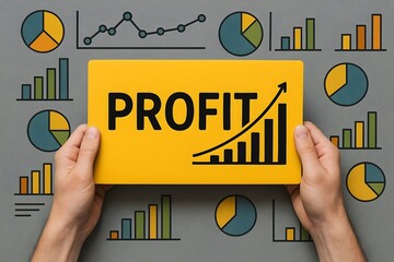Hands Holding Profit Sign with Business Graphs on Gray Background