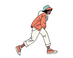 Retro-style boy walking in hoodie and red shoes, hand-drawn in colorful minimal doodle style perfect for youth lifestyle themed illustrations. Vector illustration.