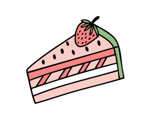 Minimal hand-drawn slice of strawberry cake in retro doodle style with soft colors, ideal for vintage bakery designs and sweet-themed compositions. Vector illustration.