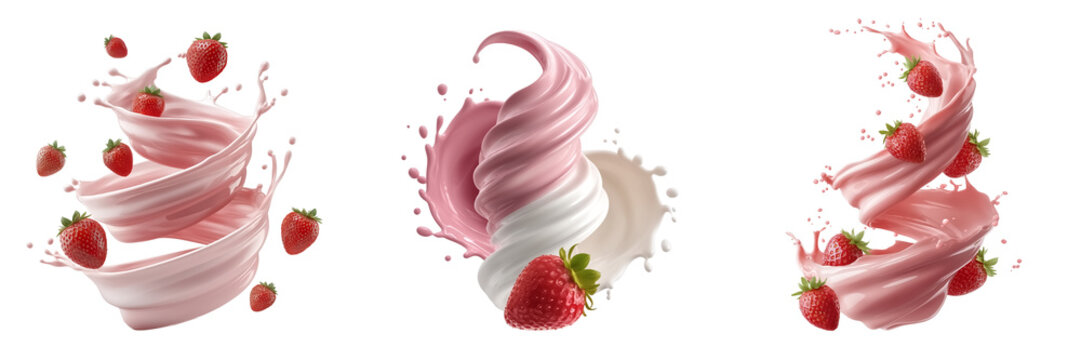 A dynamic swirl of strawberry milk with whole strawberries in the air on a transparent background