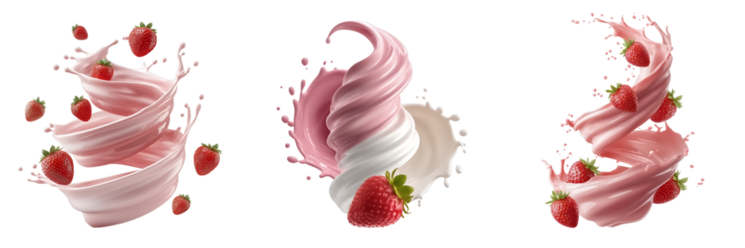 A dynamic swirl of strawberry milk with whole strawberries in the air on a transparent background