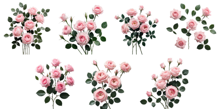Arrangement of pastel pink roses with green leaves displayed on a transparent background in multiple clusters and angles with ample copy space for design use