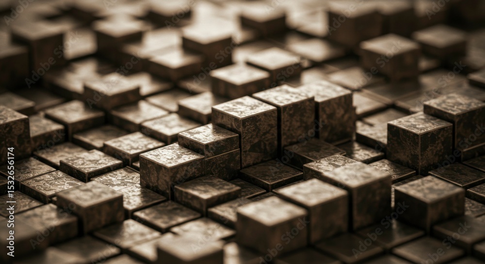 Fototapete Abstract 3D rendering of a textured, bronze-toned cube arrangement.  Irregular steps and patterns visible