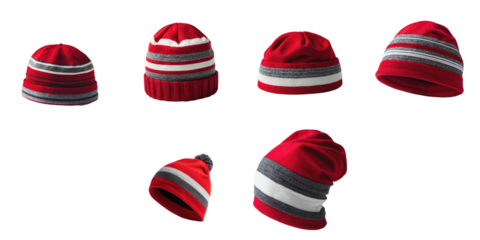 Collection of six red winter hats featuring gray and white stripes, designed for men and women. Elastic design for adjustable fit, isolated on transparent background.