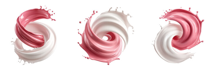 A creamy spiral of strawberry and white milk splashing together on a transparent background