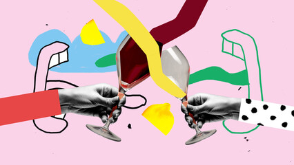 Creative art design. Two stylized hands clink glasses in energetic gesture with floating shapes on...