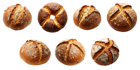 Variety of rustic rye bread rolls displayed on a transparent background featuring different textures and crusts each with distinct patterns and colors ideal for culinary presentations.