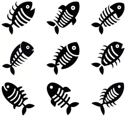 Set of Black Fish Skeleton Icons and Silhouettes