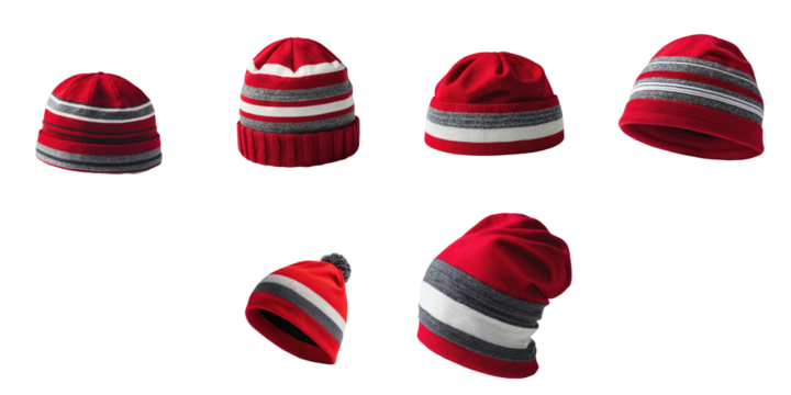 Collection of six red winter hats featuring gray and white stripes, designed for men and women. Elastic design for adjustable fit, isolated on transparent background.