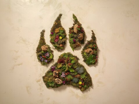 A large wolf paw print made of natural elements such as soil, moss, grass, wildflowers and leaves is set against a flat beige textured background.