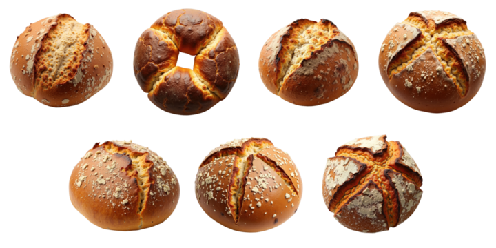 Variety of rustic rye bread rolls displayed on a transparent background featuring different textures and crusts each with distinct patterns and colors ideal for culinary presentations.