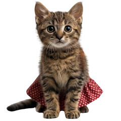 Obraz premium Cute kitten wearing red polka dot skirt sits adorably, showcasing its playful and charming personality. kitten big eyes and fluffy fur add to its endearing appearance, making it delightful sight