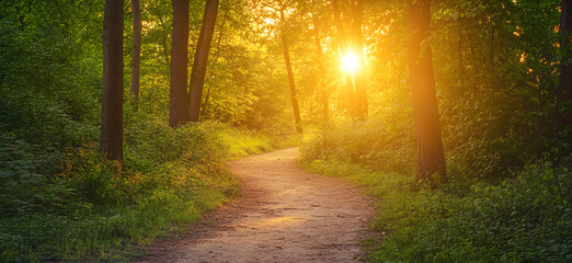 Fototapeta premium Serene forest path illuminated by golden sunlight through trees in tranquil nature setting