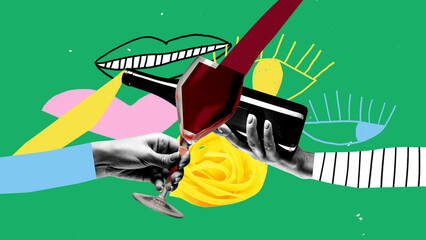 Conceptual art collage. Large red wine glass lifted beside bottle as stylized lips and eyes...