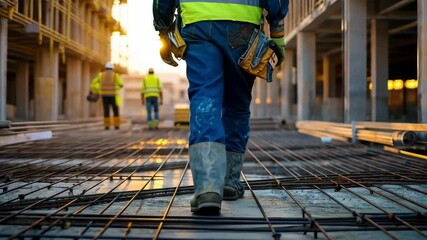Construction worker walking on rebar grid at sunset - Powered by Adobe