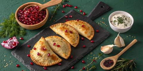 Golden, freshly baked gutabs studded with pomegranate seeds are artistically arranged on a dark slate platter, exuding a warm, inviting aroma. 