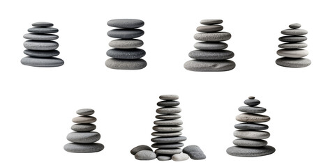 various stacked gray pebble stones arranged in different formations isolated on a transparent background with soft shadows for depth and texture