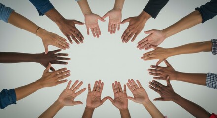 Diverse hands forming a circle, symbolizing unity, collaboration, and teamwork (1)