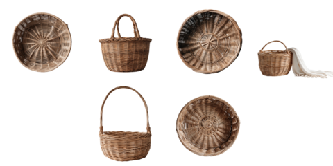 Collection of assorted wicker baskets and bowls with varied shapes and sizes displayed on a transparent background highlighting texture and craftsmanship