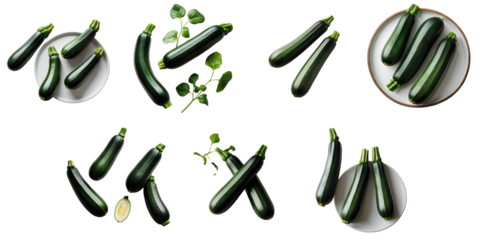 Fresh green zucchinis arranged aesthetically on a dark background with various compositions including dishes and leaves emphasizing their texture and color.