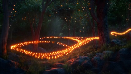 Pathway of warm lights in a mystical forest.