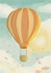 Hot air ballon watercolor in blue sky with many rose petals