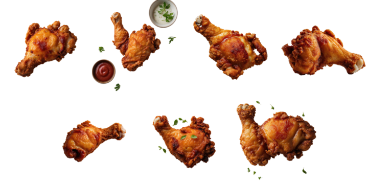 Fried chicken drumsticks arranged creatively with sauces and herbs on a dark background showcasing texture and crispy coating in different angles