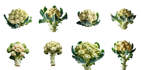 Collection of romanesco cauliflower varieties displayed on a transparent background, emphasizing unique fractal shapes and textures with detailed close-ups of each head.