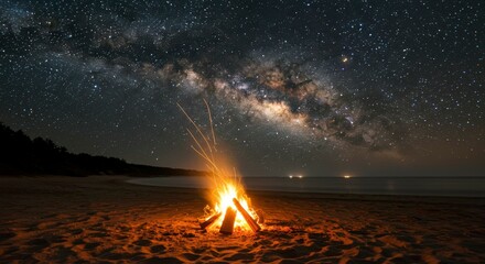 Beach bonfire under a breathtaking Milky Way galaxy, stars illuminating the night sky