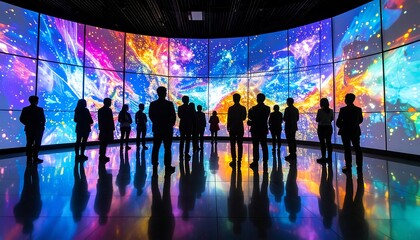 People viewing large digital art display