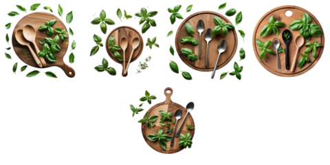 Wooden cutting boards with spoons arranged around fresh sweet basil leaves on a transparent background, emphasizing a healthy culinary theme, top view layout.