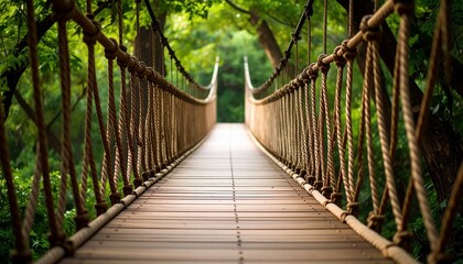 Fototapeta premium Wooden Rope Bridge in Lush Forest