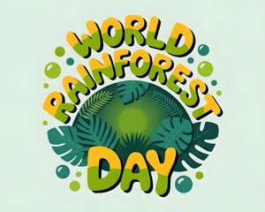 A circular graphic design showcasing the phrase "World Rain Day" surrounded by various tropical leaves, creating a vibrant and eco-conscious visual.