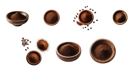 Obraz premium Assortment of ground coffee and coffee beans displayed in wooden bowls and scattering isolated on a transparent background highlighting texture and color variations of coffee products