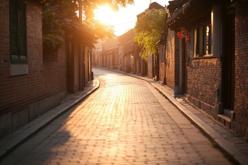 Obraz premium A street with a sun shining through the trees