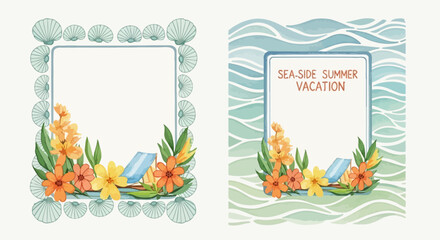 Summer Vacation Seaside Frame Tropical Flowers & Beach Chair Illustration