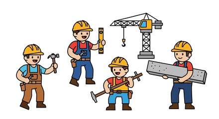 Construction Workers Cartoon Illustrations  Tools, Crane, and Building Materials