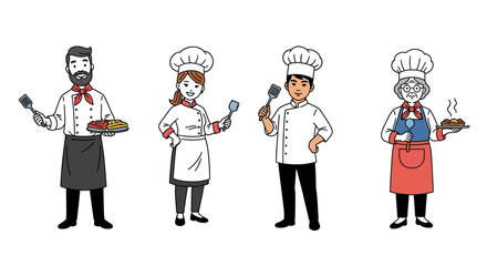 Diverse Chefs Culinary Illustration Cartoon Cooks,  Food Preparation, Restaurant Staff