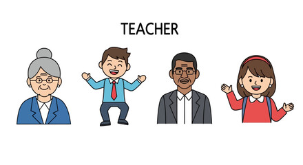 Diverse Set of Cartoon Teachers Illustrations of Male, Female, and Elderly Educators