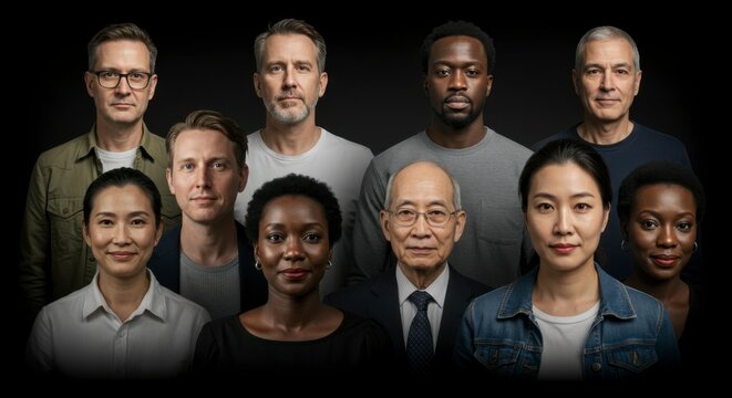 Diverse group portrait showcasing individuals of varying ages, ethnicities, and genders against a dark background
