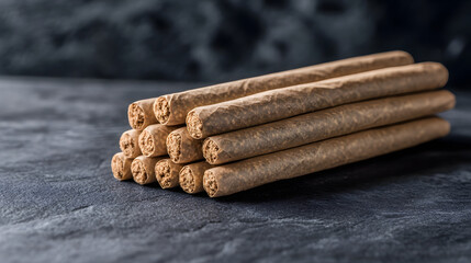 Cigarillo prerolls stacked in pyramid shape on dark textured surface, showing detailed tobacco ends and natural brown paper wrapping in close up view