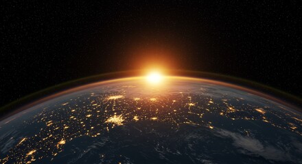 Obraz premium Spectacular Sunrise View of Earth From Space with City Lights Illuminating the Night