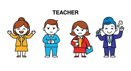 Cartoon Illustrations of Diverse Teachers Happy, Serious, and Expressive